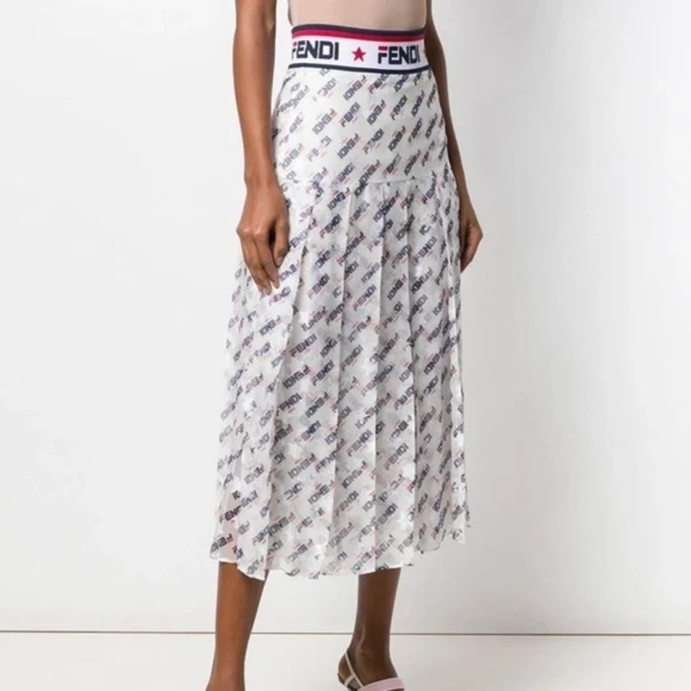 FENDI Mania Peated Midi Skirt Red Blue White Silk Blend Size XXS Designer Luxury - Picture 2 of 13